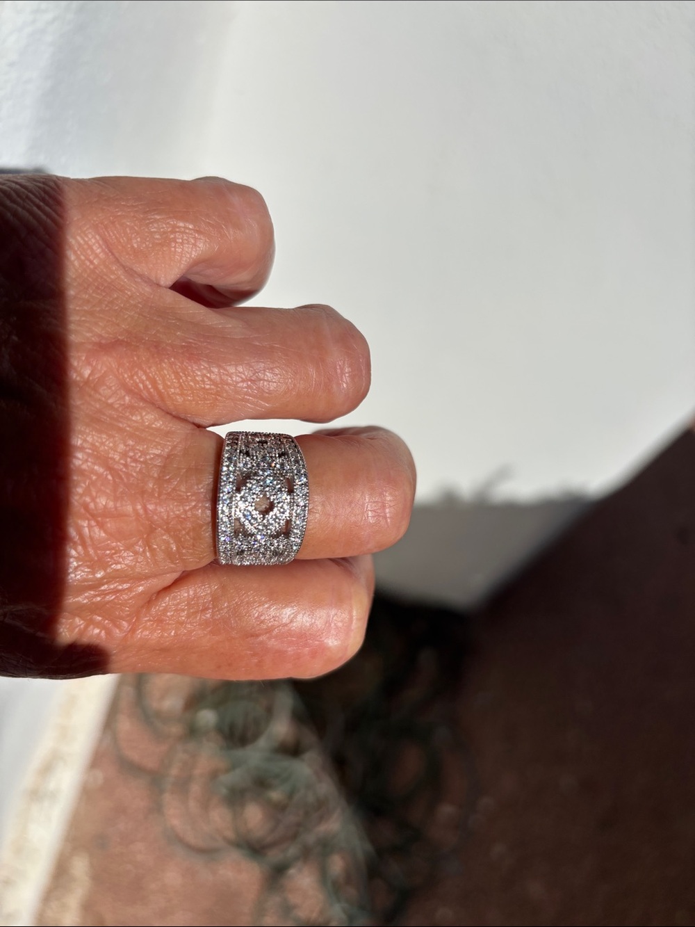 Bronze and CZ Wide Filigree Pave Band Ring - Silver overlay (approx. Size 9) - Picture 12 of 12